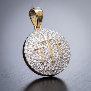 Iced Yellow Gold Three Cross Pendant Necklace